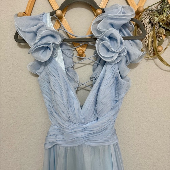 Mac Duggal Ruffle Tiered Cut Out Baby Blue Chiffon Gown Dress Size 10 - Picture 9 of 13